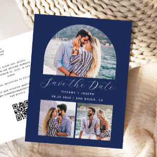 3 Foto Bogen QR Code Marineblau Save the Date Postkarte