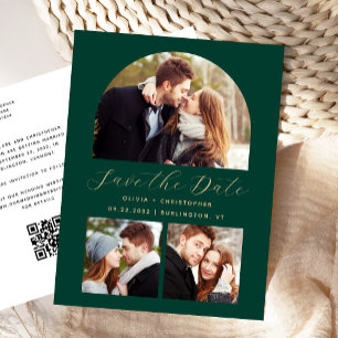 3-Foto-Bogen Smaragdgrün Gold Save-the-Date-Karte Postkarte