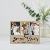 3 Foto Brush Script Hochzeitsskrippe dank Kraft Postkarte (Stehend Vorderseite)