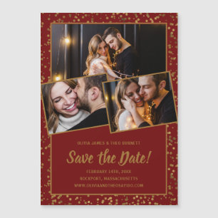 3 Foto Burgundy Red Gold Save the Date Magneteinladung