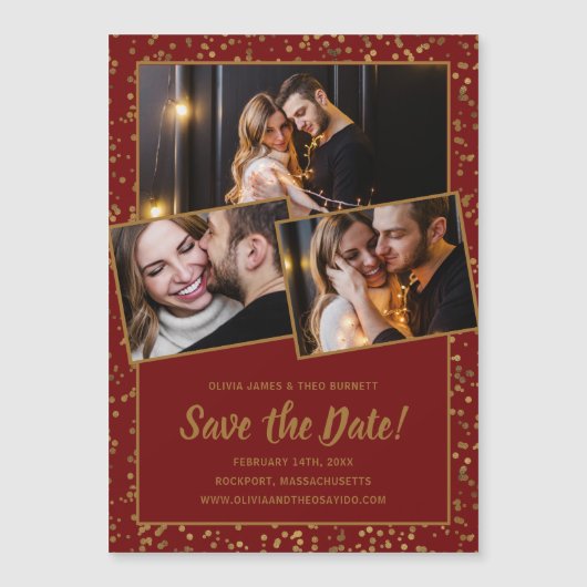 3 Foto Burgundy Red Gold Save the Date Magneteinladung (Vorderseite)