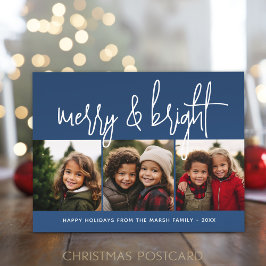 3 Foto Christmas Collage - Merry & Bright - Navy Feiertagspostkarte