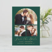 3-Foto Collage Arch Emerald Green Gold QR Code Save The Date (Stehend Vorderseite)