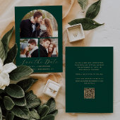 3-Foto Collage Arch Emerald Green Gold QR Code Save The Date