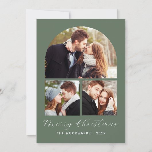 3-Foto Collage Arch Grün Frohe Weihnachten Save The Date (Vorderseite)