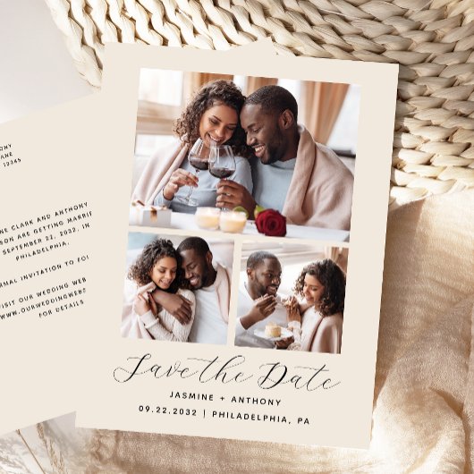 3-Foto Collage Beige Save the Date Postkarte