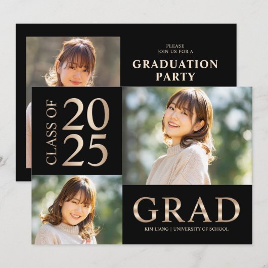 3 Foto Collage Black & Beige Graduierungsparty Einladung (Vorne/Hinten)