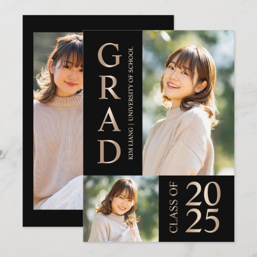 3 Foto Collage Black & Beige Graduierungsparty Einladung (Vorne/Hinten)