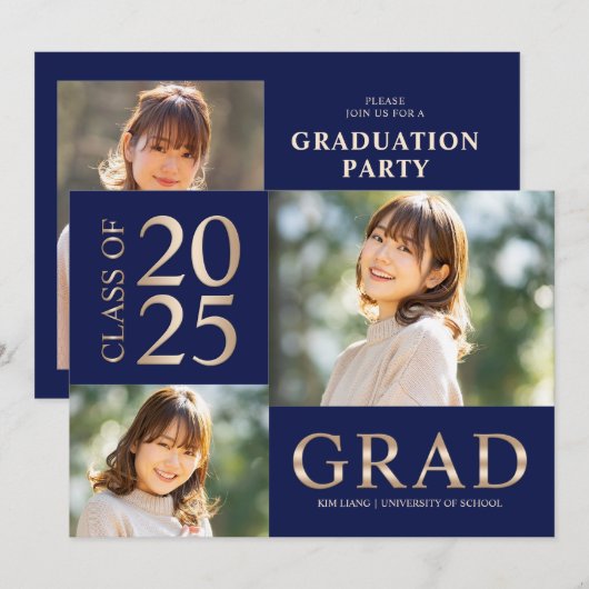 3 Foto Collage Blue & Beige Graduierungsparty Einladung (Vorne/Hinten)
