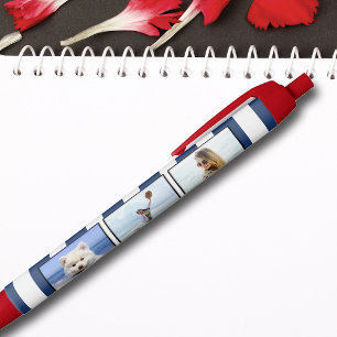 3 Foto Collage Blue White Coastal Stripe Herz Kugelschreiber