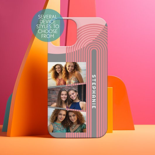 3 Foto Collage - boho coral line art arch - name iPhone 15 Hülle