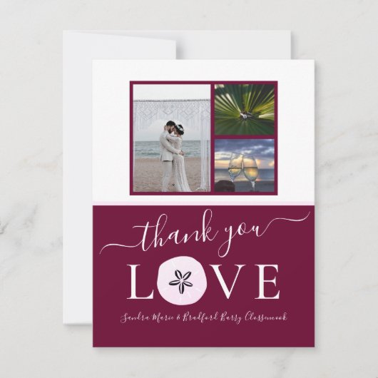 3 Foto Collage Burgundy Pink Sand Dollar Hochzeit Dankeskarte (Vorderseite)