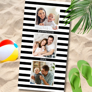 3 Foto-Collage Familienname Schwarz-Weiß-Streifen Strandtuch