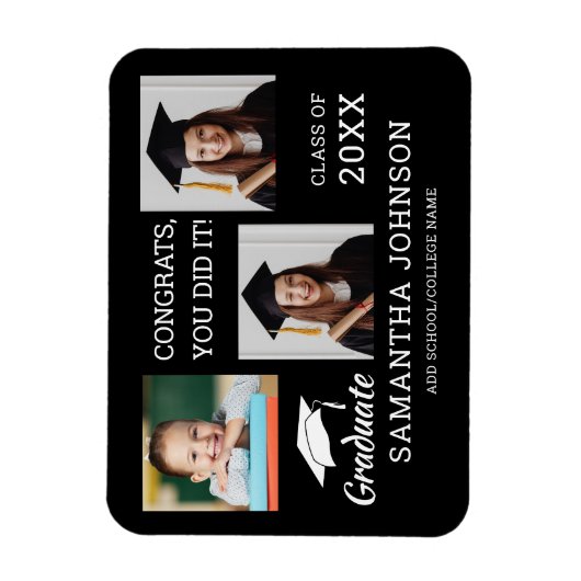 3 Foto Collage Glückwunsch Grad 2025 Schwarz Magnet (Vertikal)
