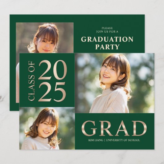 3 Foto Collage Green & Beige Graduierungsparty Einladung (Vorne/Hinten)