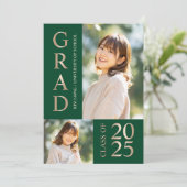 3 Foto Collage Green & Beige Graduierungsparty Einladung (Stehend Vorderseite)