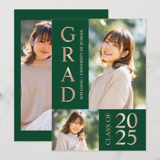 3 Foto Collage Green & Beige Graduierungsparty Einladung (Vorne/Hinten)