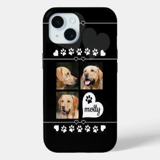 3 Foto Collage Hund Name Schwarz-Weiß-Herz iPhone 15 Hülle