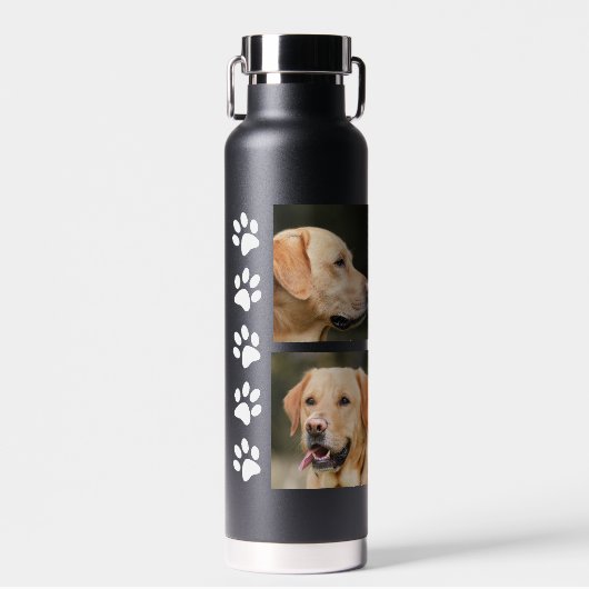 3 Foto Collage Hund Name Schwarz-Weiß-Herz Trinkflasche (Vorne)