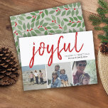 3 Foto Collage - Joyful Season's Greetings Berry Feiertagskarte<br><div class="desc">Farbtöne von grünen botanischen Blätter mit korallenroten Beeren - Ein skurriles Design mit einer 3-Foto-Collage vorne und einem modernen Eukalyptuszweig auf der Rückseite. Der Gruß ist ein großer festlicher Schriftart,  der modern und rustikal ist. Passen Sie dies mit 3 Fotos und Familiennamen an.</div>