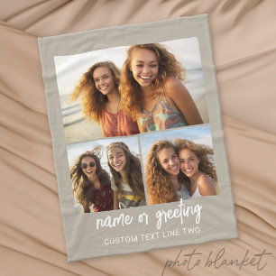 3-Foto-Collage mit Skripttext - taupe weiß Fleecedecke