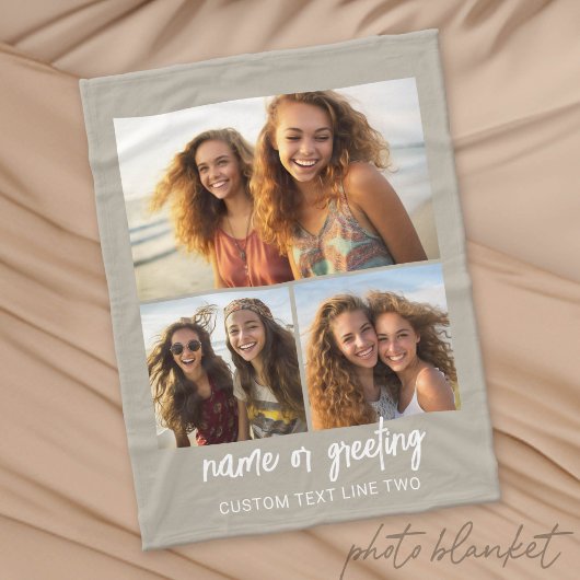 3-Foto-Collage mit Skripttext - taupe weiß Fleecedecke