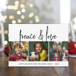 3 Foto Collage Mod Script Schwarz-weiß Peace Liebe Feiertagskarte<br><div class="desc">Ein fröhlicher und heller Urlaub mit einem rustikalen Skript-Kalligraphie-Schriftart. Moderne Atmosphäre mit geometrischem Muster auf der Rückseite. Dieses nicht-klassische Design ist eine neue Herangehensweise,  die Ihre Fotos hervorheben wird.</div>