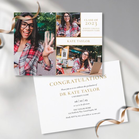 3 Foto Collage Moderne Gold Graduation Party Einladung