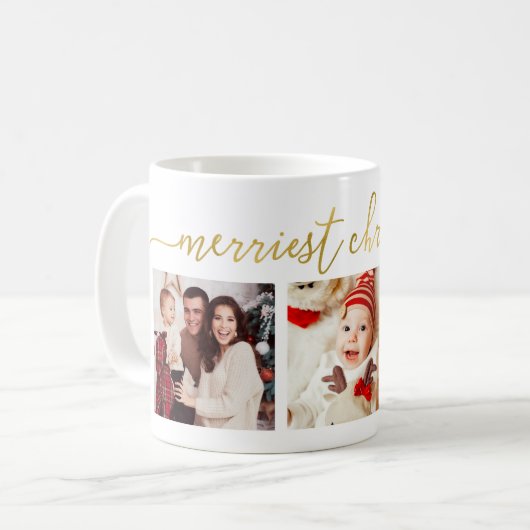 3 Foto Collage Modernes Drehbuch "Frohe Weihnachte Kaffeetasse (Vorderseite Links)