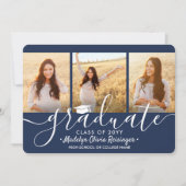 3 Foto Collage Navy Blue & White Graduation Party Einladung (Vorderseite)