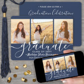 3 Foto Collage Navy Blue & White Graduation Party Einladung