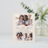 3-Foto Collage QR Code Beige Save the Date Postkarte (Stehend Vorderseite)