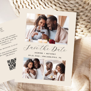 3-Foto Collage QR Code Beige Save the Date Postkarte