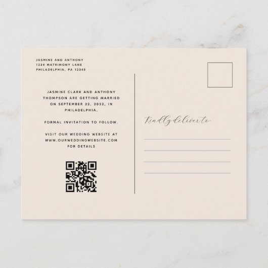 3-Foto Collage QR Code Beige Save the Date Postkarte (Rückseite)