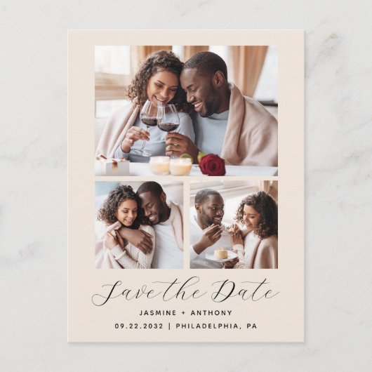 3-Foto Collage QR Code Beige Save the Date Postkarte (Vorderseite)