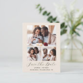 3-Foto Collage QR Code Beige Save the Date Postkarte (Stehend Vorderseite)