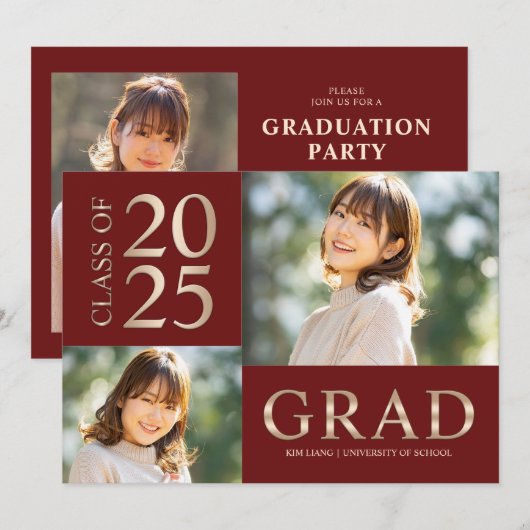 3 Foto Collage Red & Beige Graduierungsparty Einladung (Vorne/Hinten)