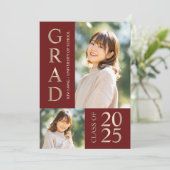 3 Foto Collage Red & Beige Graduierungsparty Einladung (Stehend Vorderseite)