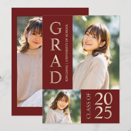3 Foto Collage Red & Beige Graduierungsparty Einladung (Vorne/Hinten)