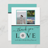 3 Foto Collage Sanddollar Aquamarin Black Wedding Dankeskarte (Vorne/Hinten)