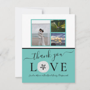 3 Foto Collage Sanddollar Aquamarin Black Wedding Dankeskarte