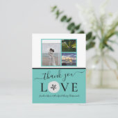 3 Foto Collage Sanddollar Aquamarin Black Wedding Dankeskarte (Stehend Vorderseite)