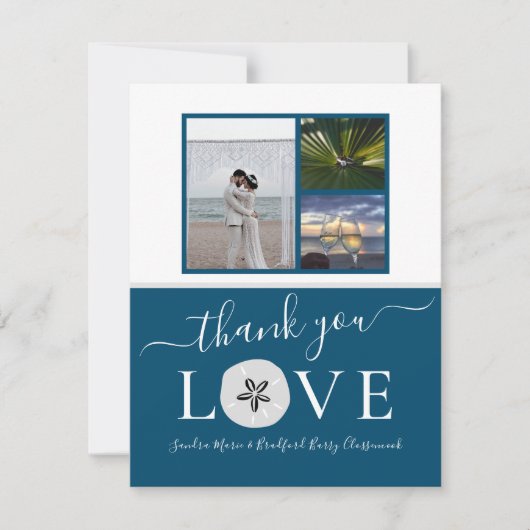3 Foto Collage Sanddollar Blue Wedding Danke (Vorderseite)