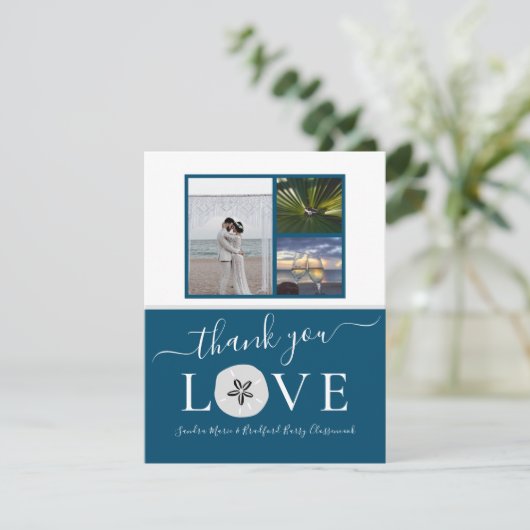 3 Foto Collage Sanddollar Blue Wedding Danke (Stehend Vorderseite)