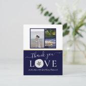 3 Foto Collage Sanddollar Navy Blue Wedding Dankeskarte (Stehend Vorderseite)