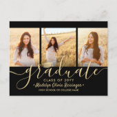 3 Foto Collage Script Black and Gold Abschluss Ankündigungspostkarte (Vorderseite)