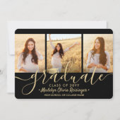 3 Foto Collage Script Black Gold Graduation Party Einladung (Vorderseite)