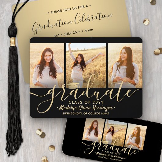 3 Foto Collage Script Black Gold Graduation Party Einladung