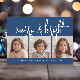 3 Foto Collage Script blau weiß Merry Bright Feiertagskarte