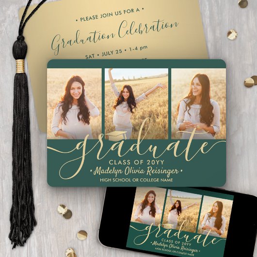 3 Foto Collage Script Green Gold Graduation Party Einladung